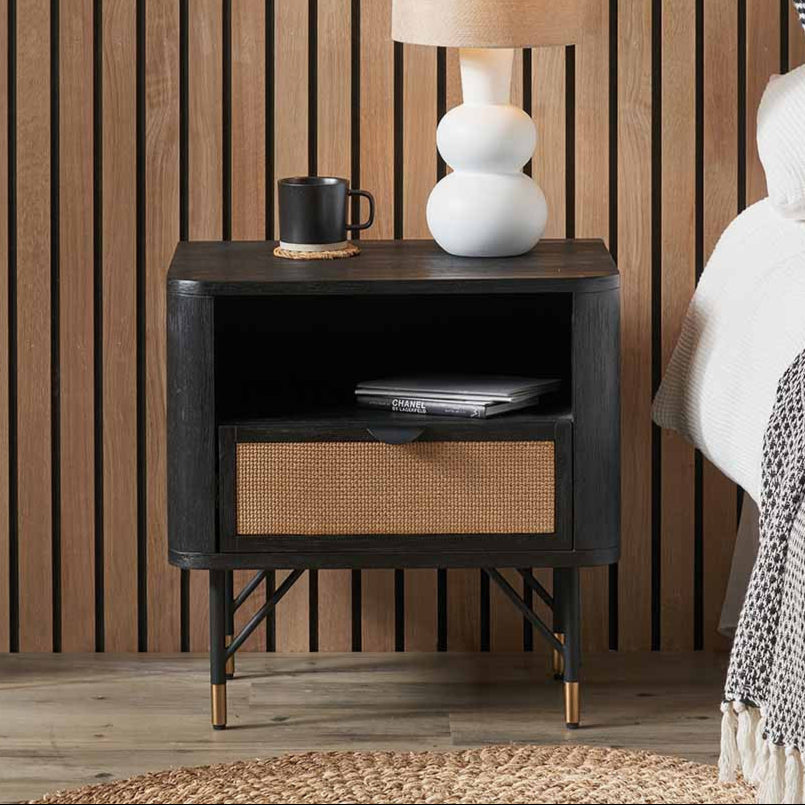 Fiji Black Acacia Wood & Natural Rattan Bedside Table
